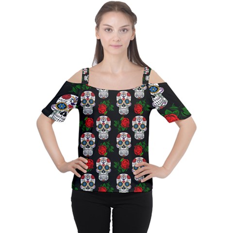 Skull Pattern Black Cutout Shoulder Tee by snowwhitegirl