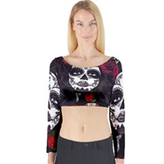 Mexican Skull Lady Long Sleeve Crop Top by snowwhitegirl