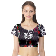 Mexican Skull Lady Short Sleeve Crop Top by snowwhitegirl