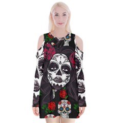 Mexican Skull Lady Velvet Long Sleeve Shoulder Cutout Dress