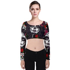 Mexican Skull Lady Velvet Long Sleeve Crop Top by snowwhitegirl