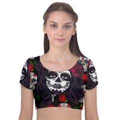 Mexican Skull Lady Velvet Short Sleeve Crop Top  by snowwhitegirl