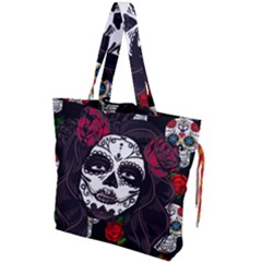 Mexican Skull Lady Drawstring Tote Bag