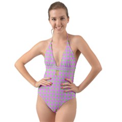 Pastel Mod Pink Green Circles Halter Cut-out One Piece Swimsuit