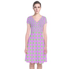 Pastel Mod Pink Green Circles Short Sleeve Front Wrap Dress by BrightVibesDesign