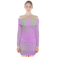 Pastel Mod Pink Green Circles Long Sleeve Off Shoulder Dress by BrightVibesDesign