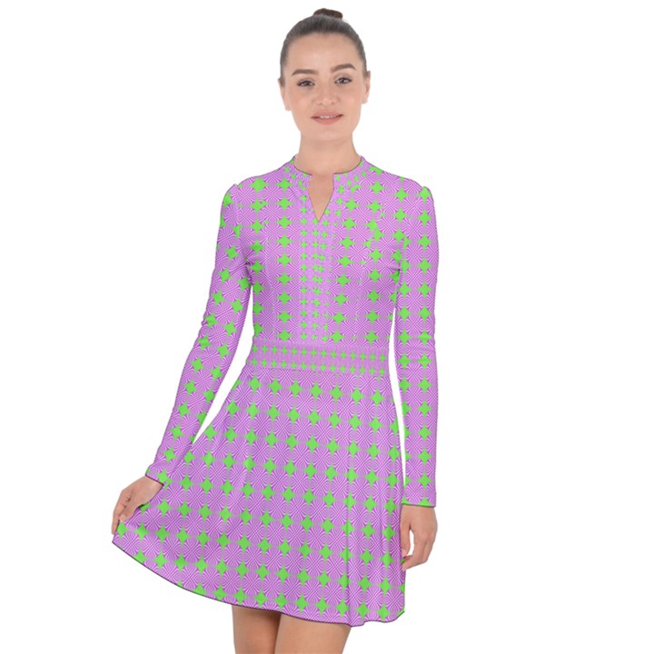 Pastel Mod Pink Green Circles Long Sleeve Panel Dress