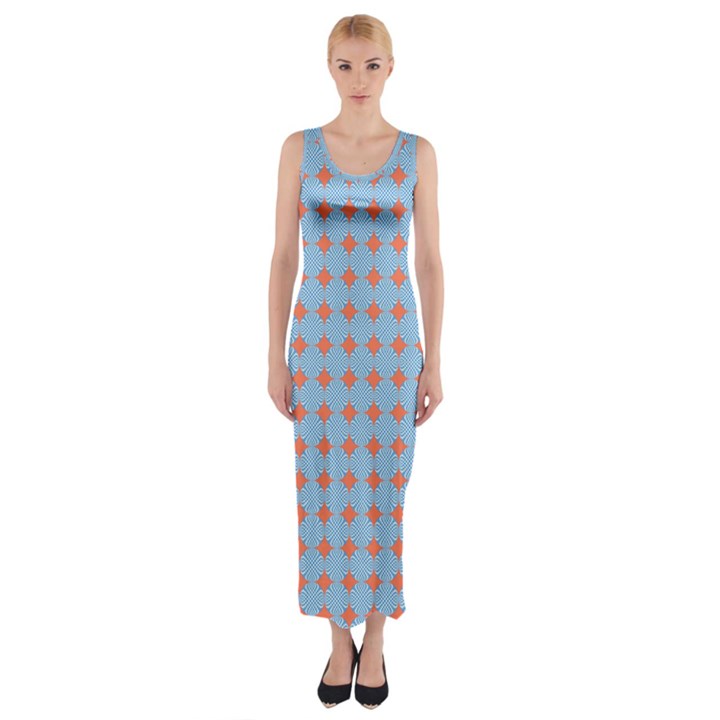 Pastel Mod Blue Orange Circles Fitted Maxi Dress