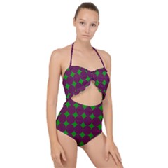 Bright Mod Pink Green Circle Pattern Scallop Top Cut Out Swimsuit