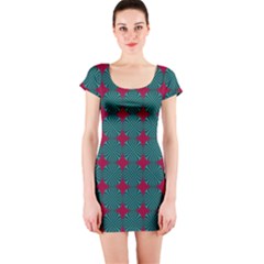 Mod Teal Red Circles Pattern Short Sleeve Bodycon Dress by BrightVibesDesign