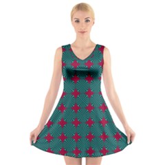 Mod Teal Red Circles Pattern V-neck Sleeveless Dress by BrightVibesDesign