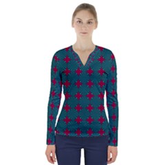 Mod Teal Red Circles Pattern V-neck Long Sleeve Top by BrightVibesDesign