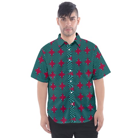 Mod Teal Red Circles Pattern Men s Short Sleeve Shirt by BrightVibesDesign