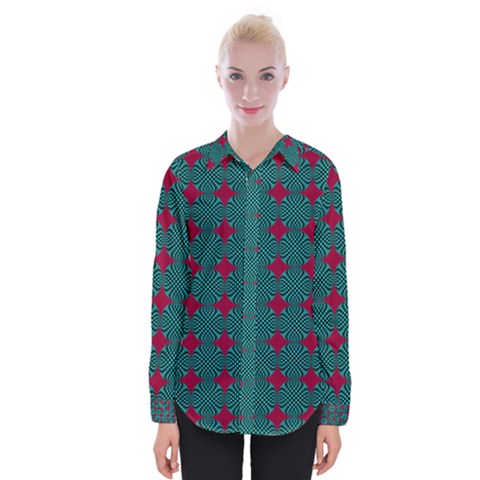 Mod Teal Red Circles Pattern Womens Long Sleeve Shirt by BrightVibesDesign