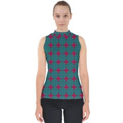 Mod Teal Red Circles Pattern Mock Neck Shell Top by BrightVibesDesign