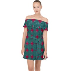 Mod Teal Red Circles Pattern Off Shoulder Chiffon Dress