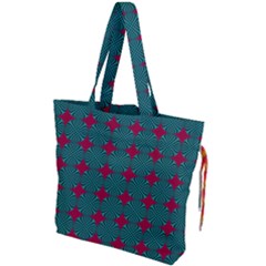 Mod Teal Red Circles Pattern Drawstring Tote Bag by BrightVibesDesign