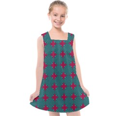 Mod Teal Red Circles Pattern Kids  Cross Back Dress