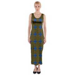 Mod Yellow Blue Circles Pattern Fitted Maxi Dress