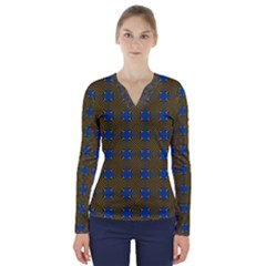 Mod Yellow Blue Circles Pattern V-neck Long Sleeve Top by BrightVibesDesign