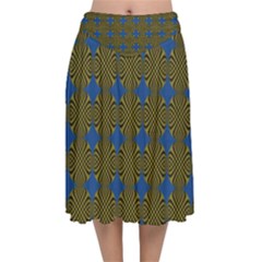 Mod Yellow Blue Circles Pattern Velvet Flared Midi Skirt by BrightVibesDesign