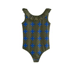 Mod Yellow Blue Circles Pattern Kids  Frill Swimsuit