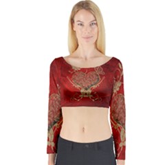 Wonderful Decorative Heart In Gold And Red Long Sleeve Crop Top by FantasyWorld7