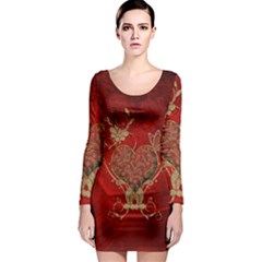 Wonderful Decorative Heart In Gold And Red Long Sleeve Bodycon Dress by FantasyWorld7