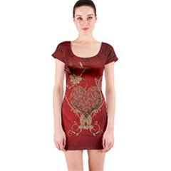 Wonderful Decorative Heart In Gold And Red Short Sleeve Bodycon Dress by FantasyWorld7