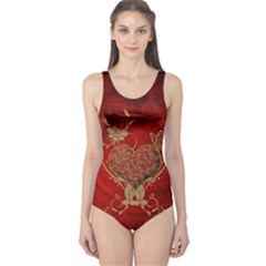 Wonderful Decorative Heart In Gold And Red One Piece Swimsuit by FantasyWorld7