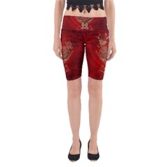 Wonderful Decorative Heart In Gold And Red Yoga Cropped Leggings by FantasyWorld7