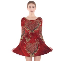 Wonderful Decorative Heart In Gold And Red Long Sleeve Velvet Skater Dress by FantasyWorld7