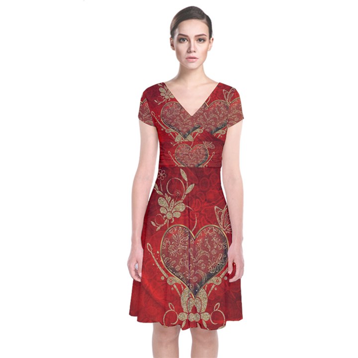 Wonderful Decorative Heart In Gold And Red Short Sleeve Front Wrap Dress