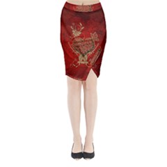 Wonderful Decorative Heart In Gold And Red Midi Wrap Pencil Skirt by FantasyWorld7