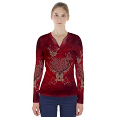 Wonderful Decorative Heart In Gold And Red V-neck Long Sleeve Top by FantasyWorld7