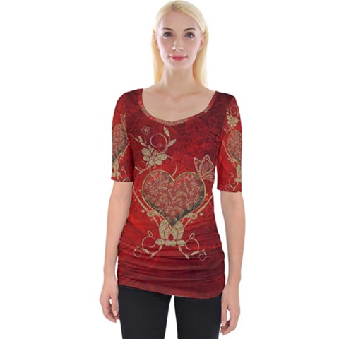 Wonderful Decorative Heart In Gold And Red Wide Neckline Tee by FantasyWorld7