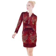 Wonderful Decorative Heart In Gold And Red Button Long Sleeve Dress