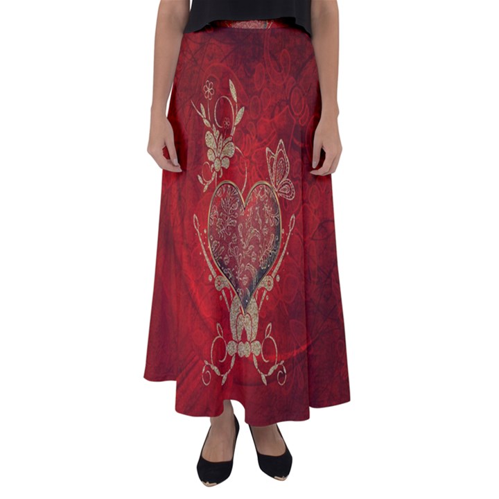 Wonderful Decorative Heart In Gold And Red Flared Maxi Skirt