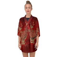 Wonderful Decorative Heart In Gold And Red Half Sleeve Chiffon Kimono by FantasyWorld7