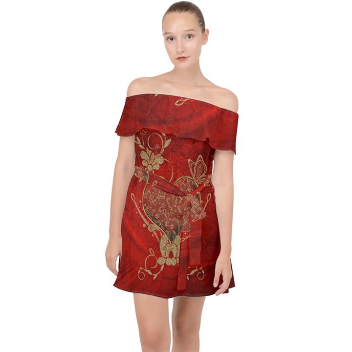 Wonderful Decorative Heart In Gold And Red Off Shoulder Chiffon Dress