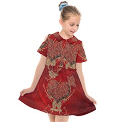 Wonderful Decorative Heart In Gold And Red Kids  Short Sleeve Shirt Dress by FantasyWorld7