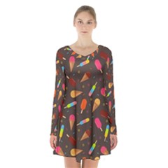 Ice Cream Pattern Seamless Long Sleeve Velvet V-neck Dress