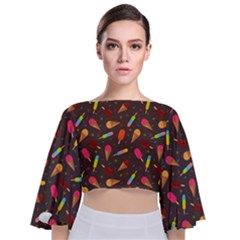 Ice Cream Pattern Seamless Tie Back Butterfly Sleeve Chiffon Top