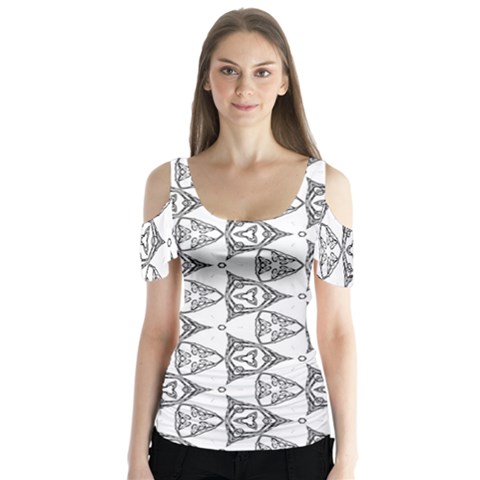 Black And White Pattern Butterfly Sleeve Cutout Tee  by Simbadda