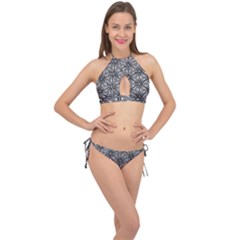 Black And White Pattern Cross Front Halter Bikini Set by Simbadda