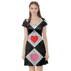 Diamonds Hearts Mosaic Pattern Short Sleeve Skater Dress by Simbadda