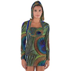 Peacock Feather Macro Peacock Bird Long Sleeve Hooded T-shirt by Simbadda