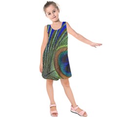 Peacock Feather Macro Peacock Bird Kids  Sleeveless Dress by Simbadda