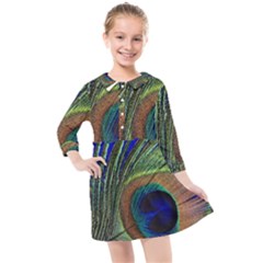 Peacock Feather Macro Peacock Bird Kids  Quarter Sleeve Shirt Dress by Simbadda