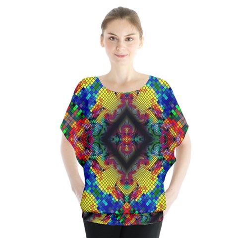 Kaleidoscope Art Pattern Ornament Batwing Chiffon Blouse by Simbadda